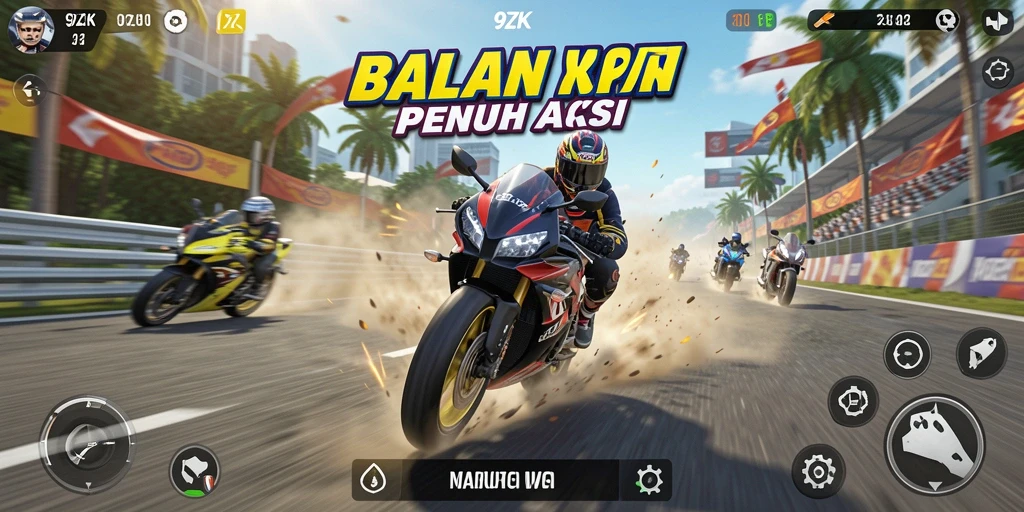 Tampilan gameplay mendebarkan dari 9ZK dengan balapan motor cepat.