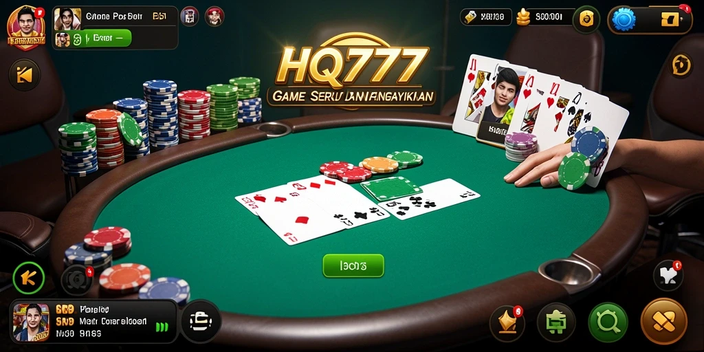 Screenshot utama HQ777 menunjukkan gameplay yang seru dalam permainan Poker.